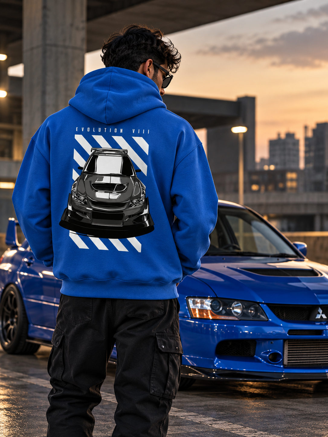 EVO VIII blue hoodie lifestyle photo