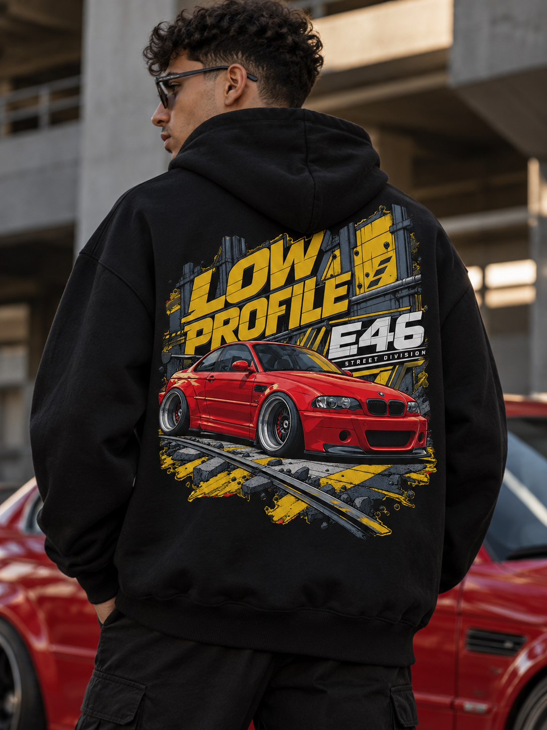 Low Profile E46 oversized hoodie lifestyle photo