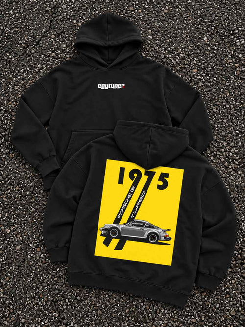 Black 1975 Porsche hoodie front and back
