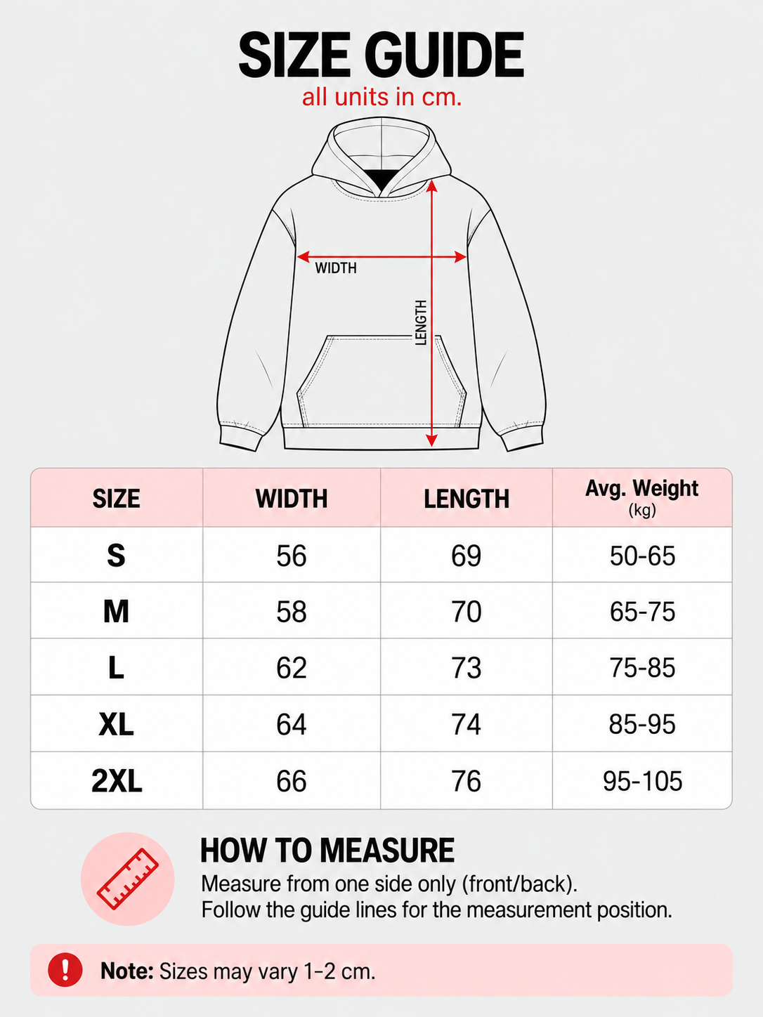 Egytuner oversized premium hoodie size chart