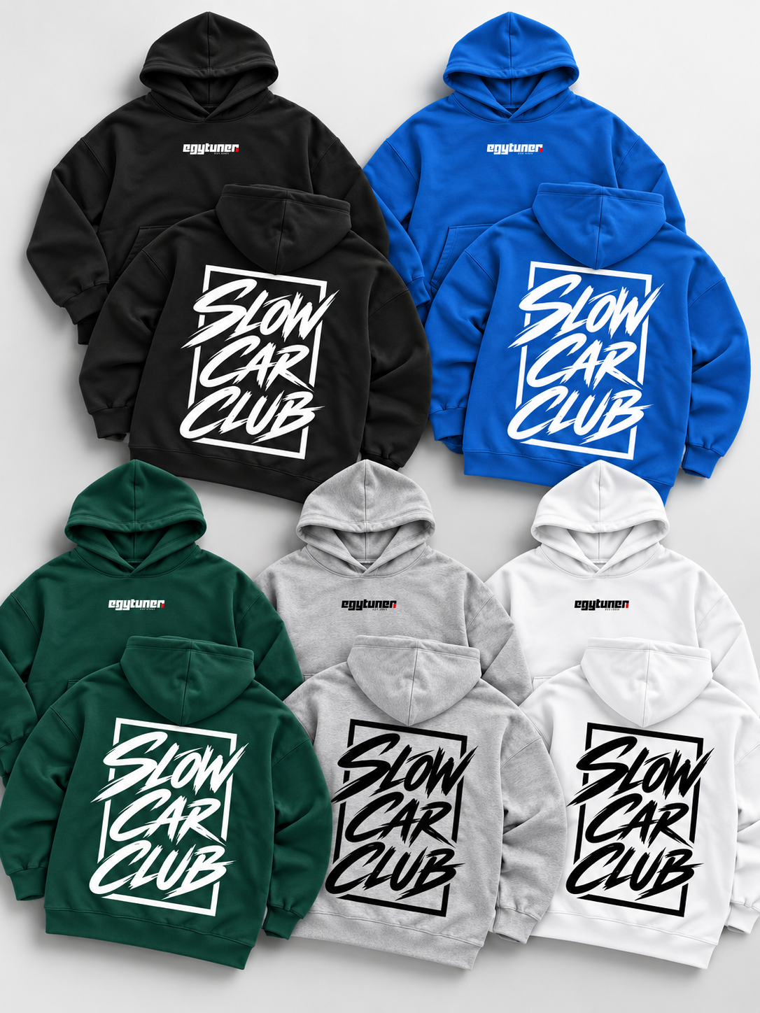 Five Slow Car Club hoodie colors – black blue green grey white